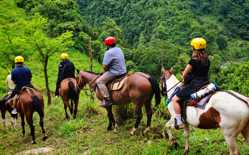 Grupo de tusitas bajando en caballos hacia el rio